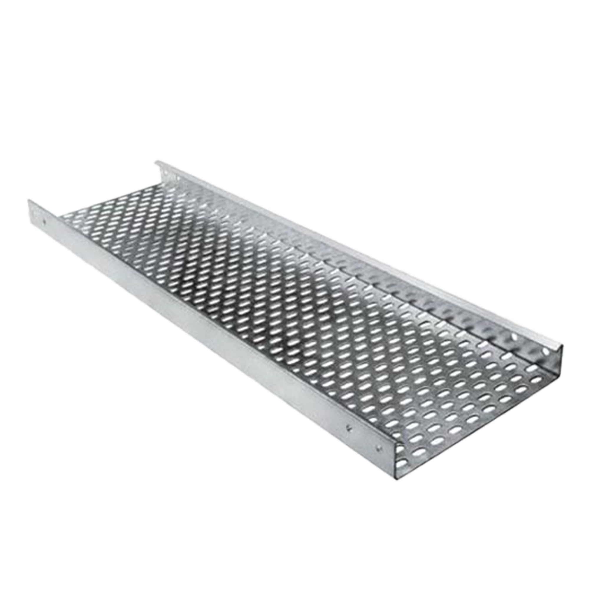 Illustration of a perforated cable tray section with dimensions and specifications.y