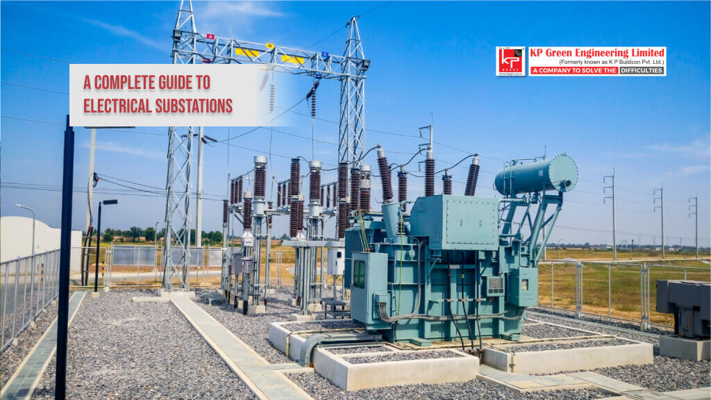 A wide view of an electrical substation with transformers, circuit breakers, and gantry structures.