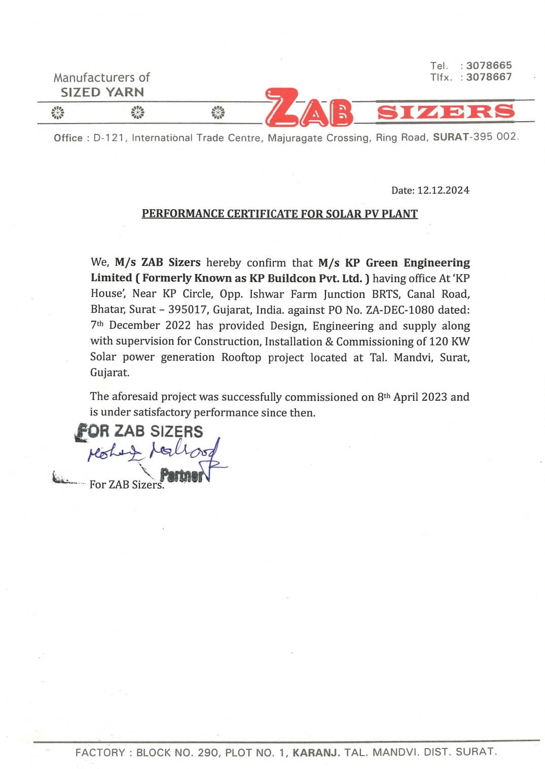 Performance certificate for a solar PV plant installed by KP Green Engineering.